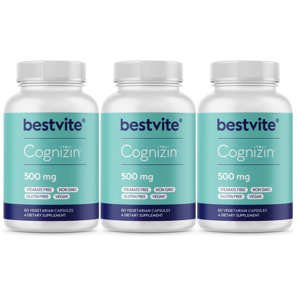 BESTVITE Cognizin Citicolin 500mg (180 vegetariske kapsler) (60x3) - Klinisk undersøgt Premium Cholin Nootrop - Ingen Stearates - Vegan - Gluten Free - Brain Supplements for Memory and Focus