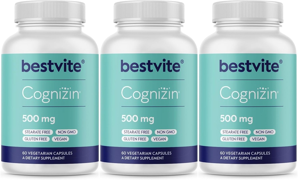 BESTVITE Cognizin Citicolin 500mg (180 vegetariske kapsler) (60x3) - Klinisk undersøgt Premium Cholin Nootrop - Ingen Stearates - Vegan - Gluten Free - Brain Supplements for Memory and Focus