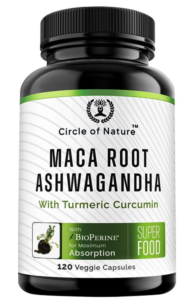 Maca Root, Ashwagandha Root Extract, Kapsler til mænd og kvinder med gurkemeje og Bioperine 120 Kapsler Made in USA