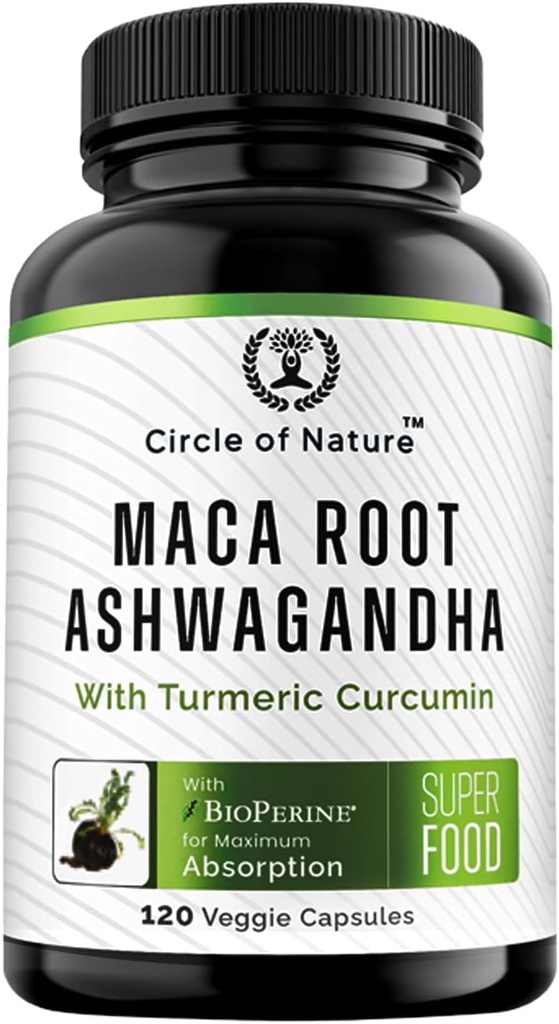 Maca Root, Ashwagandha Root Extract, Kapsler til mænd og kvinder med gurkemeje og Bioperine 120 Kapsler Made in USA