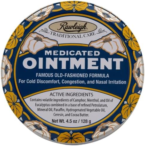 Rawleigh Medicated Salve: 4,5 oz Blå Tin, Voksne & Børn: Topical Chest Rub for Cold, Nasal Congestion, Minor Aches and Pain, with Camphor, Menthol & Eucalyptus, Non-Greasy Formel - Pack of 1