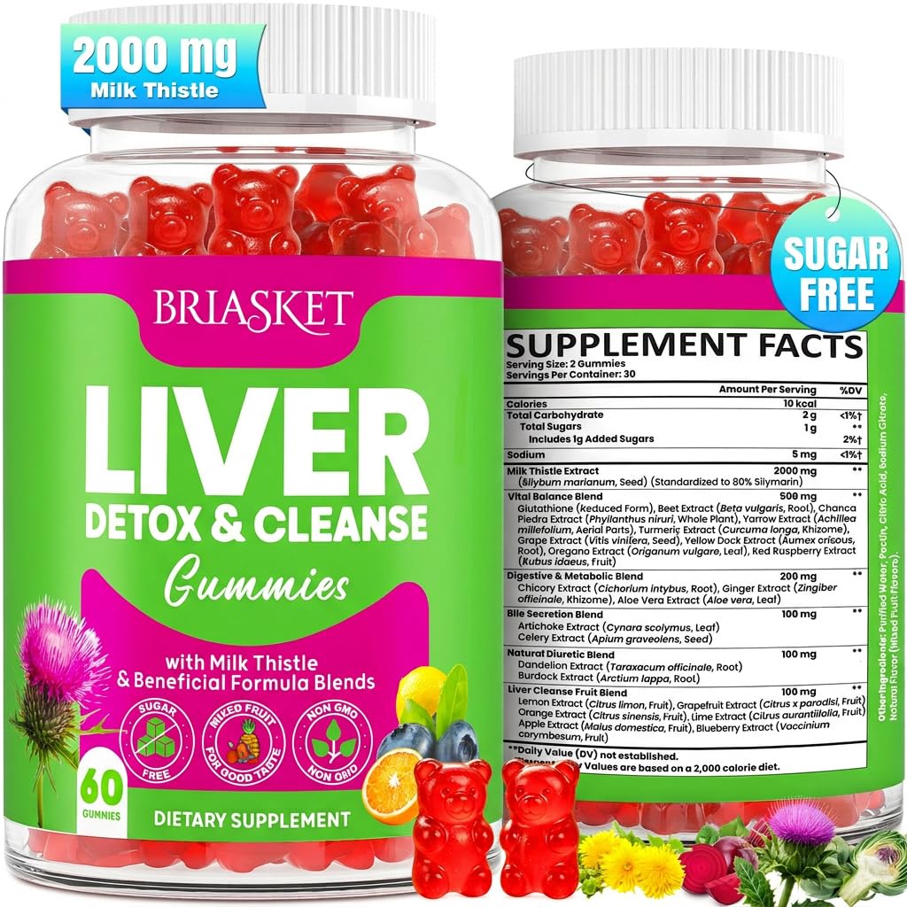 Lever Detox Rense & Repair, 2000 mg Milk Thistle Lever Detox, Lever Support Supplement med Glutathione, Mælkebøtte Root, Gurkemeje & Artichoke, 23- in- 1Herbal for Lever & Gut Health, Vegan, 60 Gummies
