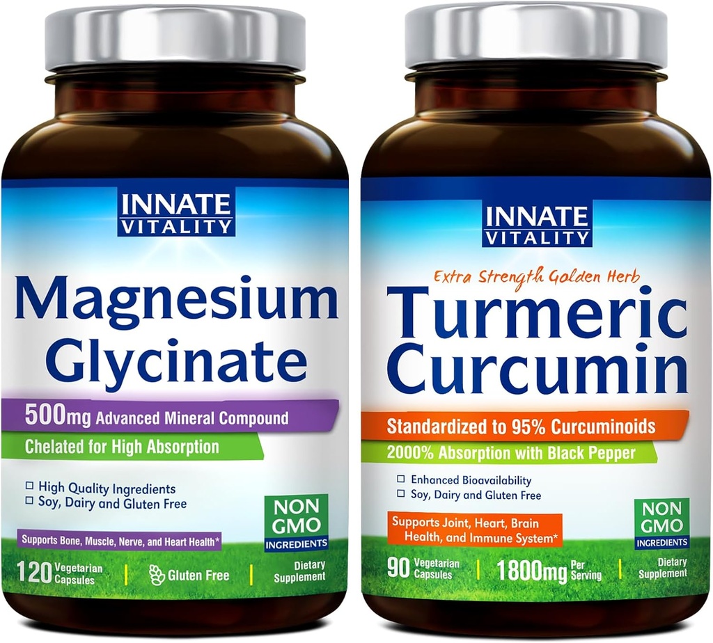 Innate Vitality Magnesium Glycinat & Gurkemeje, Høj Absorption, Fælles, Muskel & Nerve Sundhed, Sort Pepper Extract, Bundle & Save, 120 Kapsler & 90 Kapsler