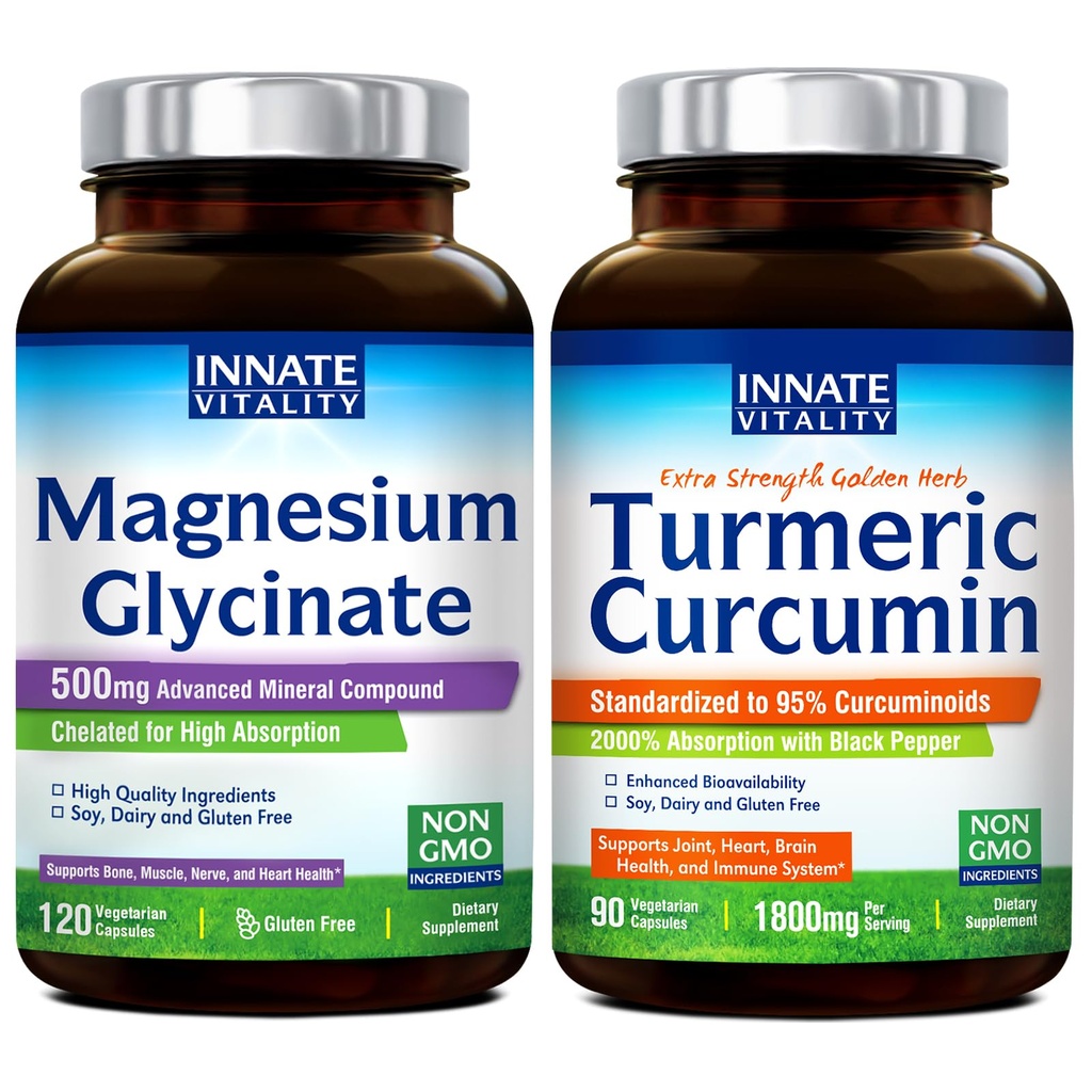 Innate Vitality Magnesium Glycinat & Gurkemeje, Høj Absorption, Fælles, Muskel & Nerve Sundhed, Sort Pepper Extract, Bundle & Save, 120 Kapsler & 90 Kapsler