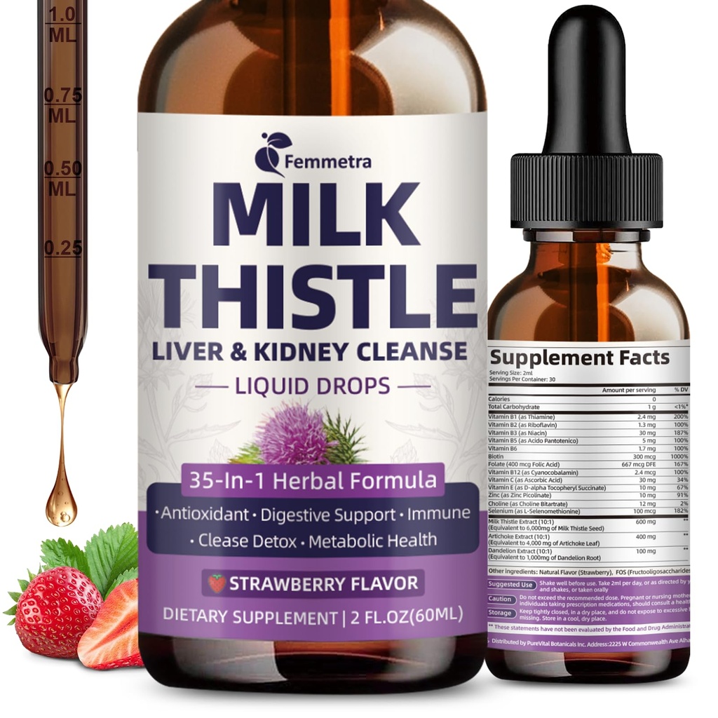 Mælk Thistle Extract flydende dråber til lever rense Detox & Reparation, 35-IN-1 Nyre Support Supplement med Artiskoke & Mælkebøtte til urinveje, Bstige, Vegan, Non- GMO, Strawberry Flavor, 2 FL OZ