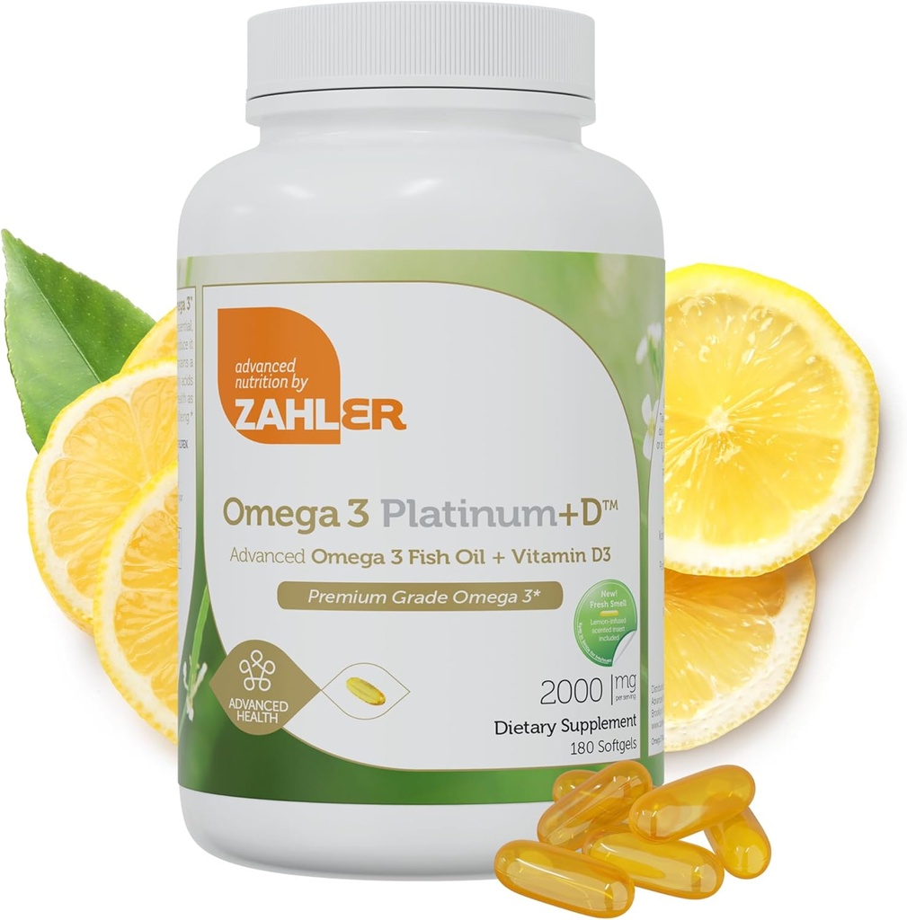 Zahler Omega 3 Platinum + D, All- Natural Pure Fish Oil Supplement, Burpless Softgel med ingen Fishy Eftersmag, Højeste i EPA og DHA, Certified Kosher, 180 Softgels