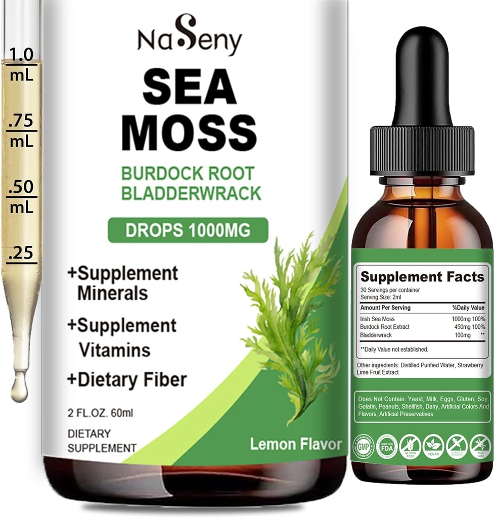 Sea Moss Liquid Drops - High Absorption Irish 1000 mg Sea Moss Tincture Supplement Rich in Vitamin & Mineral for immunfordøjelse & Energi- Lemon Flavor