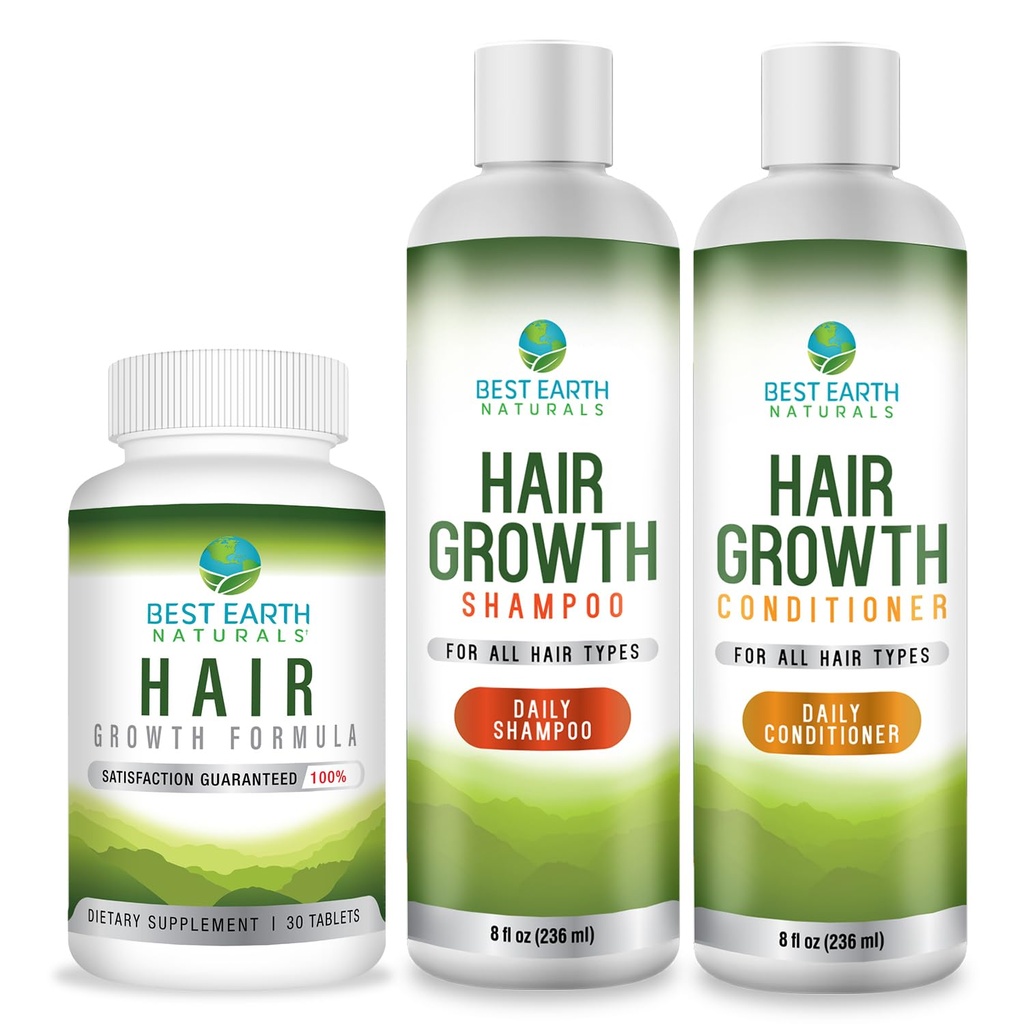 Bedste Jord Naturals Hårvækst Starter Sæt med hårvækst Vitaminer, Shampoo og Conditioner