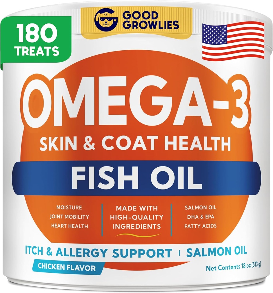 Omega 3 Fish Oil for Dogs (180 Ct) - Hud & Coat Chews - Tør & Itchy Skin Relief + Allergy Support - Shiny Coats - EPA & DHA Fedtsyrer - Natural Salmon Oil Chews fremmer hjerte, Hip & fælles støtte