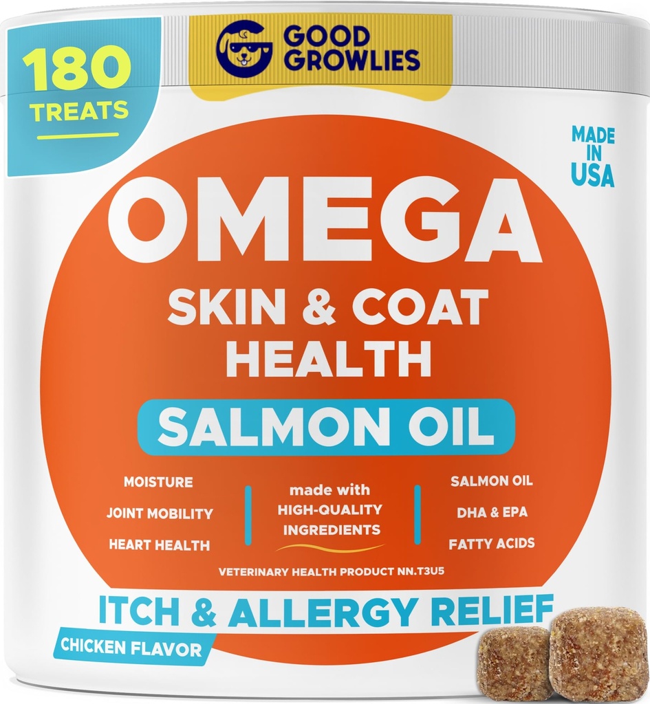 Omega 3 Fish Oil for Dogs (180 Ct) - Hud & Coat Chews - Tør & Itchy Skin Relief + Allergy Support - Shiny Coats - EPA & DHA Fedtsyrer - Natural Salmon Oil Chews fremmer hjerte, Hip & fælles støtte