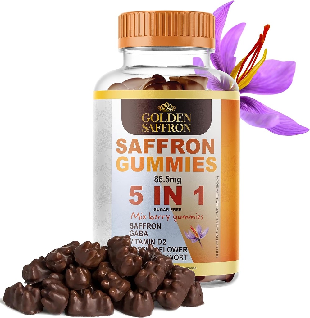 GOLDEN SAFFRON, Saffron Gummies Indeholder 88.5 mg. Pure Saffron Extract + GABA, vitamin D2, Passion Flower og St. John 's Wort, for holistisk Wellness, Kirsebær Flavor Vegan