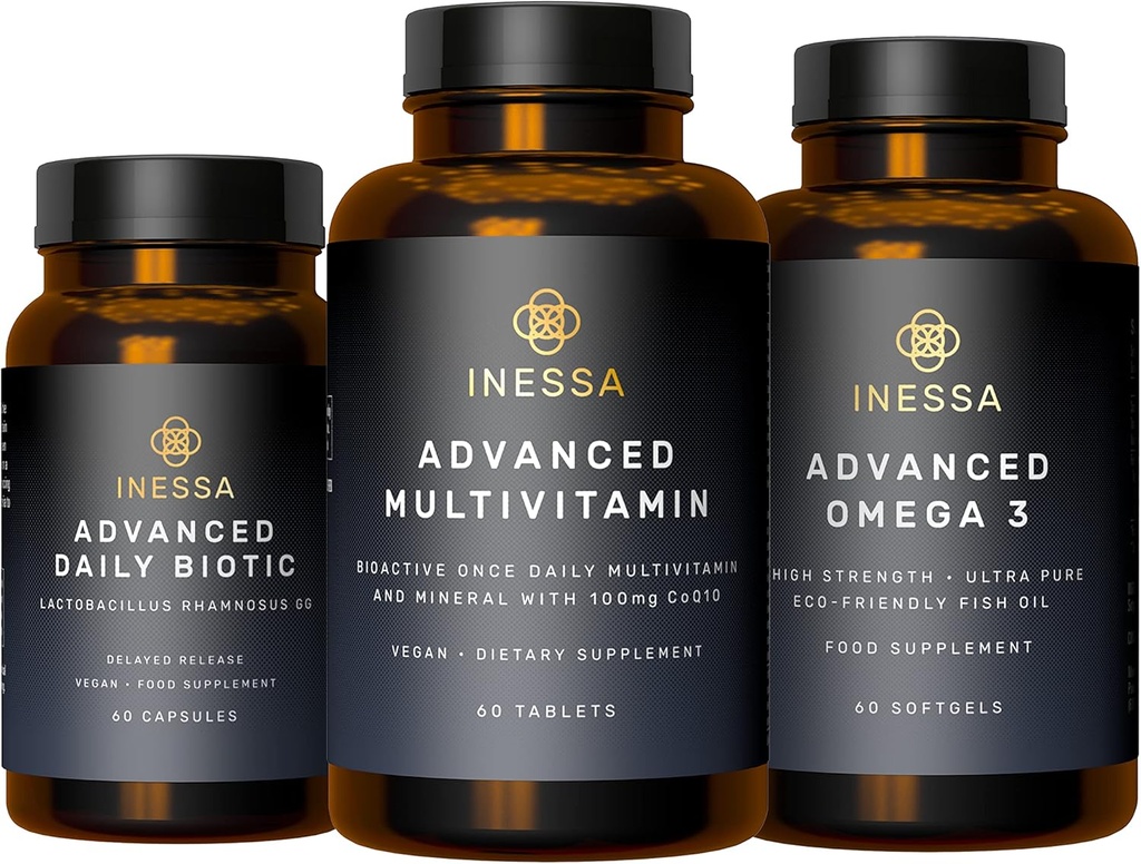 Inessa Essential Wellness Bundle ttesmå 124; Multivitamin, Probiotisk & Omega 3 Produceret til en klinisk klasse for optimal wellness for mænd og kvinder