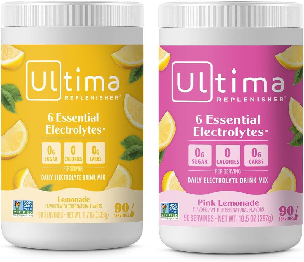 Ultima Replenisher Electrolyte Powder Drink Bundle - Sugar Free - Lemonade og Pink Lemonade, 90 Servings-Hydration Powder - 6 Key Electrolytes and Trace Minerals - Keto Friendly, Non- GMO