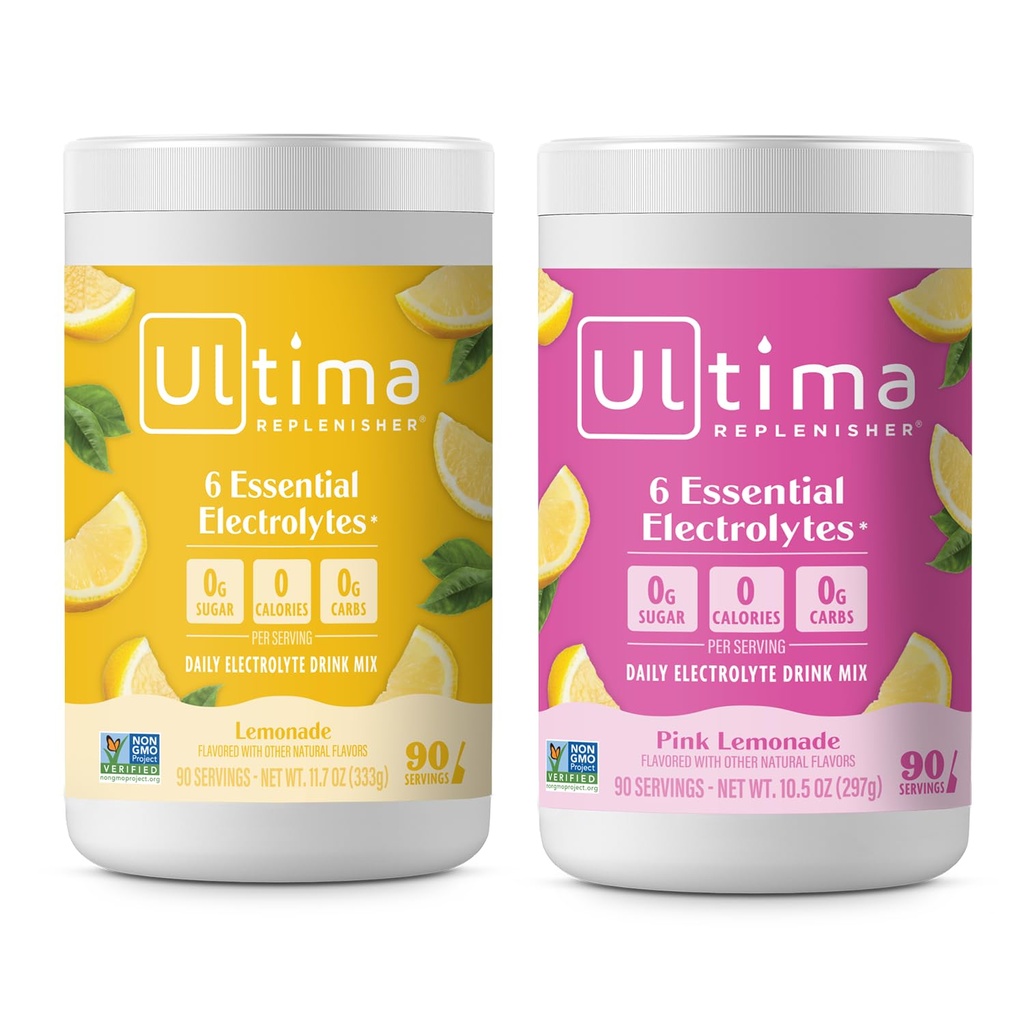 Ultima Replenisher Electrolyte Powder Drink Bundle - Sugar Free - Lemonade og Pink Lemonade, 90 Servings-Hydration Powder - 6 Key Electrolytes and Trace Minerals - Keto Friendly, Non- GMO