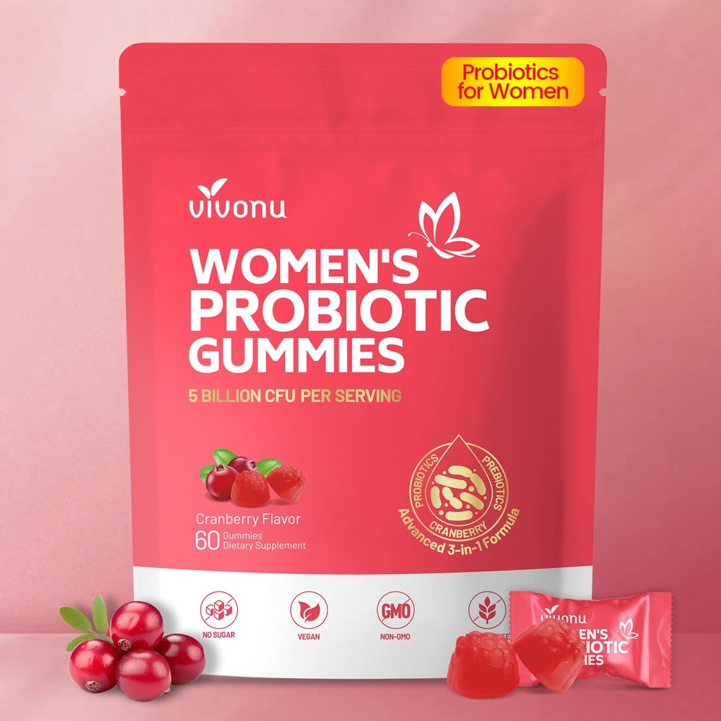VivoNu Probiotika til kvinder, Kvinder Probiotiske Gummies, 500 Millioner CFU 'er, Fiber Buddy 124; Feminine Balance Gummies for Sund Lugt, fordøjelsesstøtte og Gut Sundhed + C-vitamin til immunforsvar - 60 Gummies
