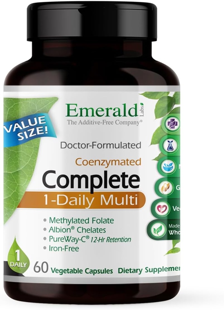 EMERALD ETIKETTER Complete 1- Daily Multi - Complete Multivitamin for mænd og kvinder med C-vitamin, Metyleret Folat, Whole- Food Blend & mere til immunforsvar, Knoglehygiejne & mere * - 60 vegetabilske kapsler