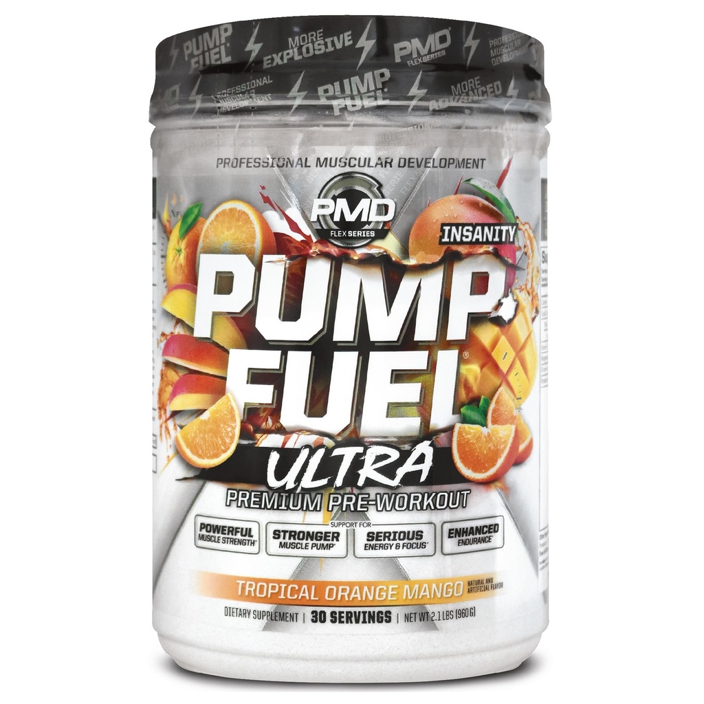 PMD Sports Pump Fuel Ultra Insanity - Premium Pre Workout Powder & Muscle Pump, Greater Focus, Endurance & Recovery, Premium Creatin, Arginin & Beta Alanine, Tropical Orange Mango (30 Servere)