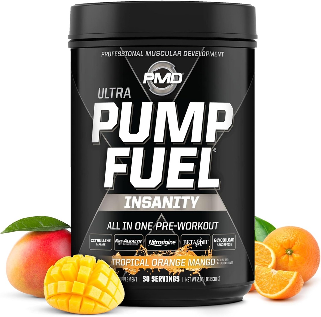 PMD Sports Pump Fuel Ultra Insanity - Premium Pre Workout Powder & Muscle Pump, Greater Focus, Endurance & Recovery, Premium Creatine, Arginine & Beta Alanine, Tropical Orange Mango (30 Servings)