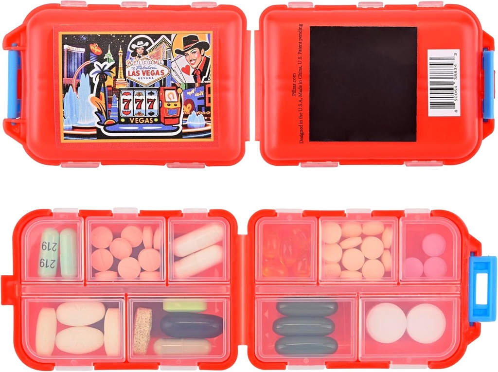 Las Vegas Køleskab Magnet af Pillzar - Travel- Friendly Pill Box & Organizer med 10 afdelinger, rummer op til 50 piller, Souvenir gave, Collectable Magnetic Pill Case, 3.8 "x 2.6"