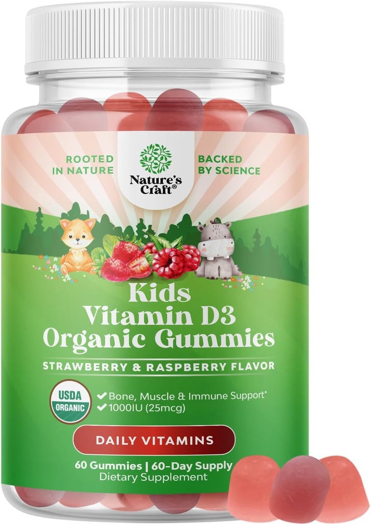 Natures Craft Organic Vitamin D Gummies for Kids - Veganske Kids Immunity Support Gummies med D-vitamin til daglige tænder Muskel & Ben Support - Organic D3 Non GMO & Gluten Free 2 Month