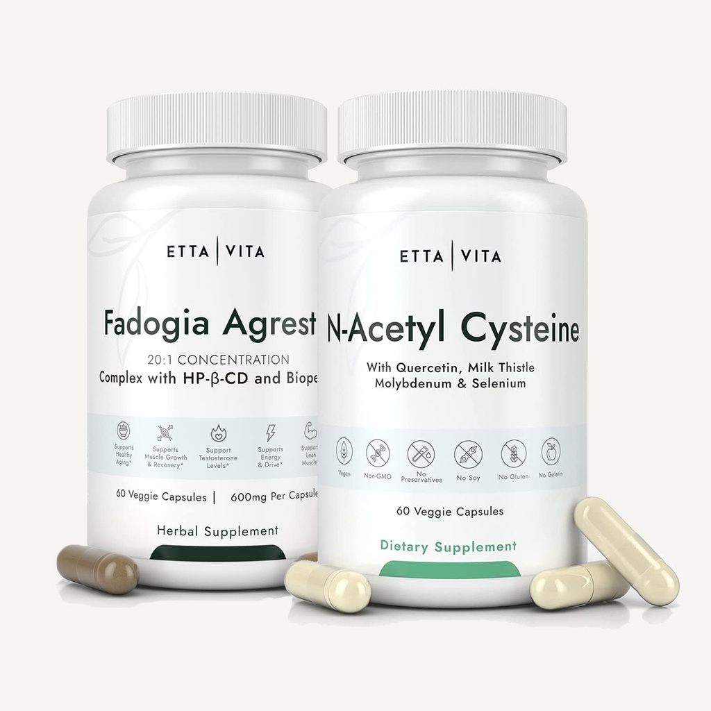 Etta Vita Fadogia Agrestis 600mg + N- Acetyl Cysteine 600mg Bundle, 3X Absorbency with BioPerine & HP- β- CD in Fadogia Agrestis, NAC Supplement with Quercetin, Milk Thistle, Molybdæn & Selenium