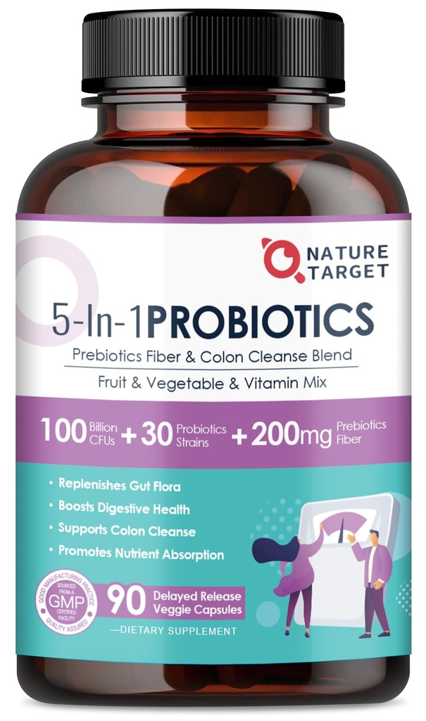 NATUR TARGET Probiotika til Women- Men fordøjelsessygdomme, Mens- Womens Probiotika med Prebiotika, 100 milliarder for Gut og immunsundhed, Ingen køling, 90 Veggie kapsler (45 dages forsyning)