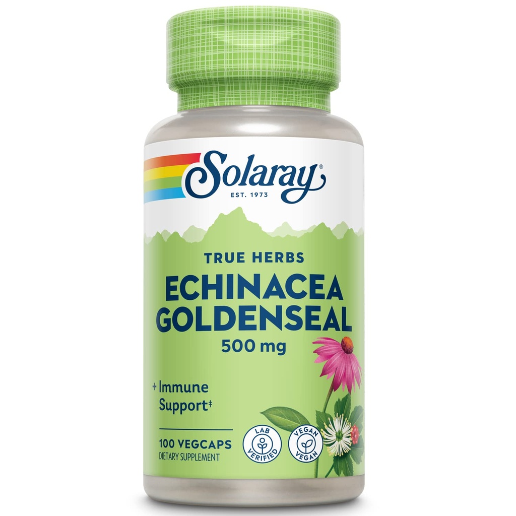 SOLARAY Echinacea Goldenseal - Kraftfuld Blend of Two Herbal Supplements for Wellness Support - 250 mg Ea Echinacea Root og Goldenseal Root - Ikke GMO, Vegan, Gluten Free, 60- Day Garanti, 100 Servere
