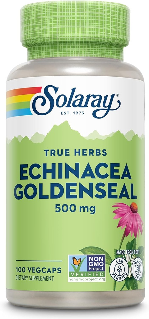 SOLARAY Echinacea Goldenseal - Kraftfuld Blend of Two Herbal Supplements for Wellness Support - 250 mg Ea Echinacea Root og Goldenseal Root - Ikke GMO, Vegan, Gluten Free, 60- Day Garanti, 100 Servere