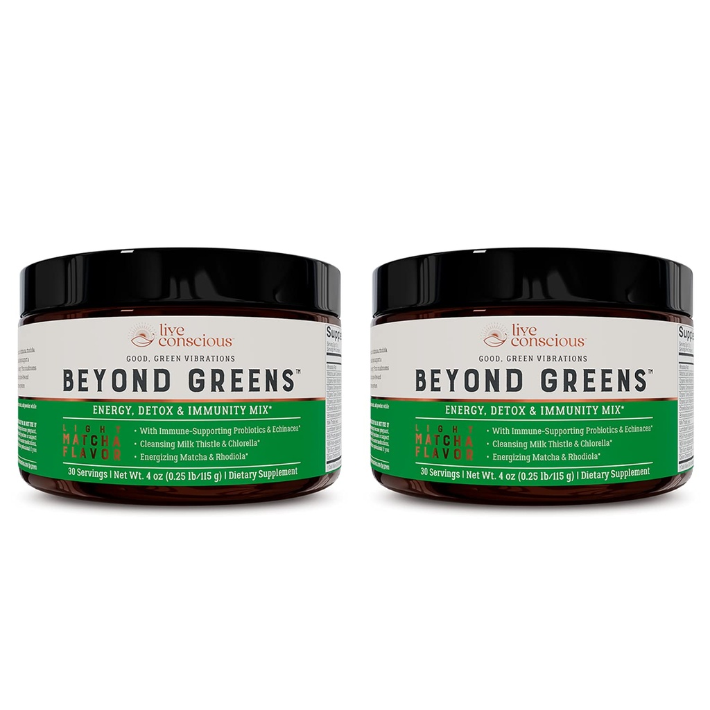 Live Conscious Beyond Greens Concentrated Superfood Powder - Matcha Flavor w/Chlorella, Echinacea, Probiotics for Immune Support & Energy - 30 Servings (2-Pack)