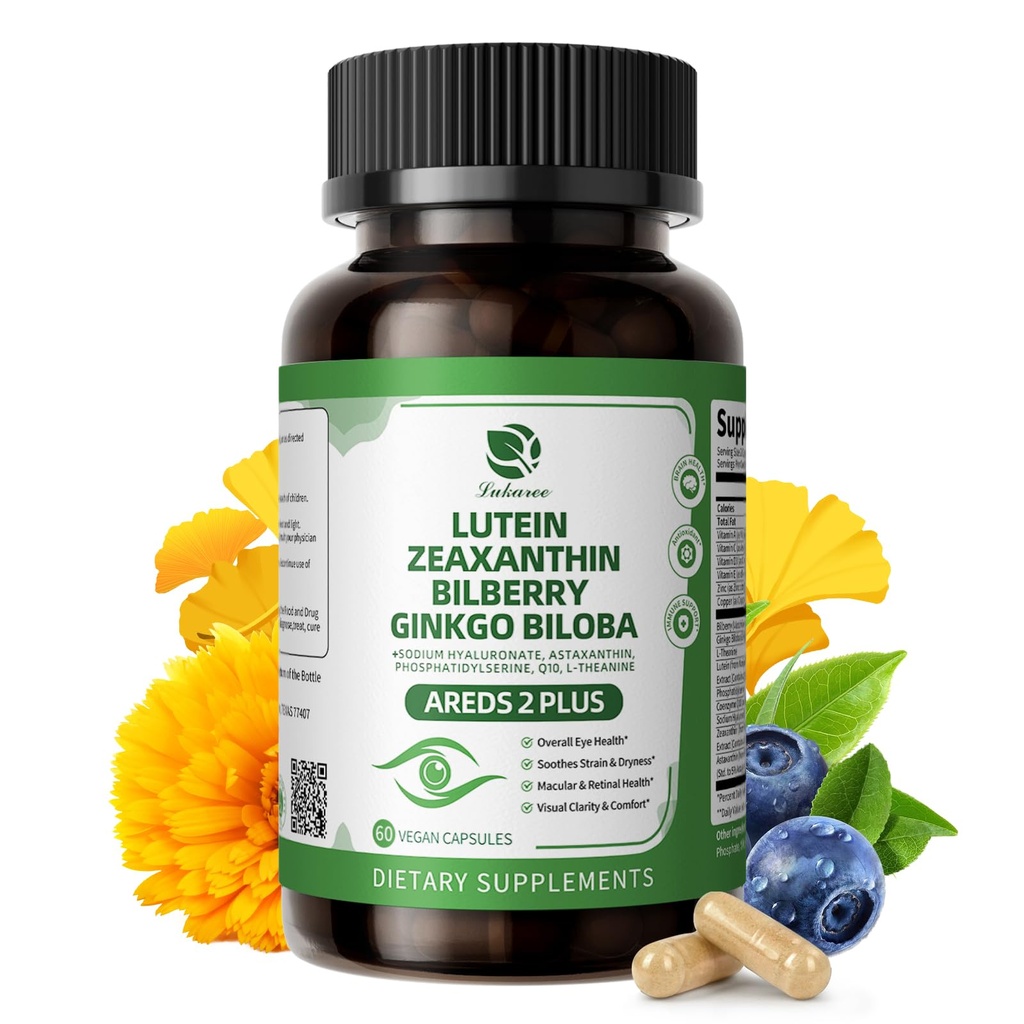 Lutein and Zeaxanthin Supplements - Advanced AREDS 2 Eye Vitamins - Bilberry Supplement for Eyes, with Astaxanthin, Ginkgo Biloba, Sodium Hyaluronate - for Eye Health & Brain Support, 60 Capsules