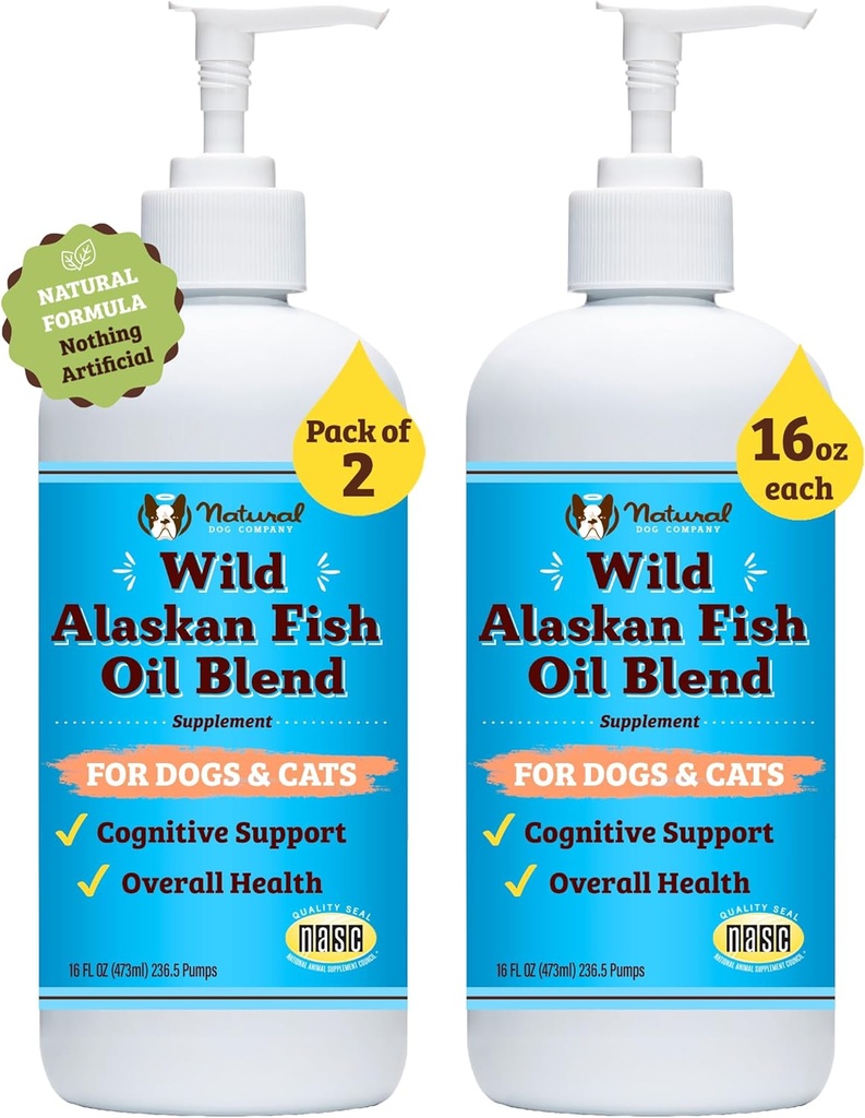 Natural Dog Company 2 Pack - 16 oz. Wild Alaska Fish Oil for Dogs & Cats, Blend of Pollock & Wild Salmon Oil for Dogs, Omega 3 for Dogs, for Multi Dog Familier, Store Breed Dogs, 32 oz. Værdi