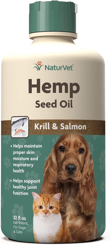 NaturVet Hemp Seed Oil Krill and Salmon, 32 oz. Liquid, Made in The USA