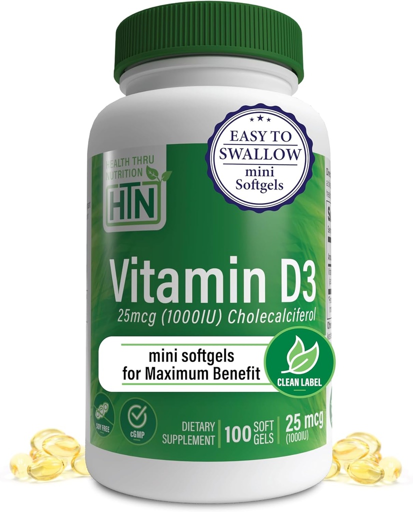 Health Thru Nutrition Vitamin D3 1.000iu 100 Mini Softgels for Maximum Benefit Grade i Organic EVOO Budd124; Immunforsvar Støtte