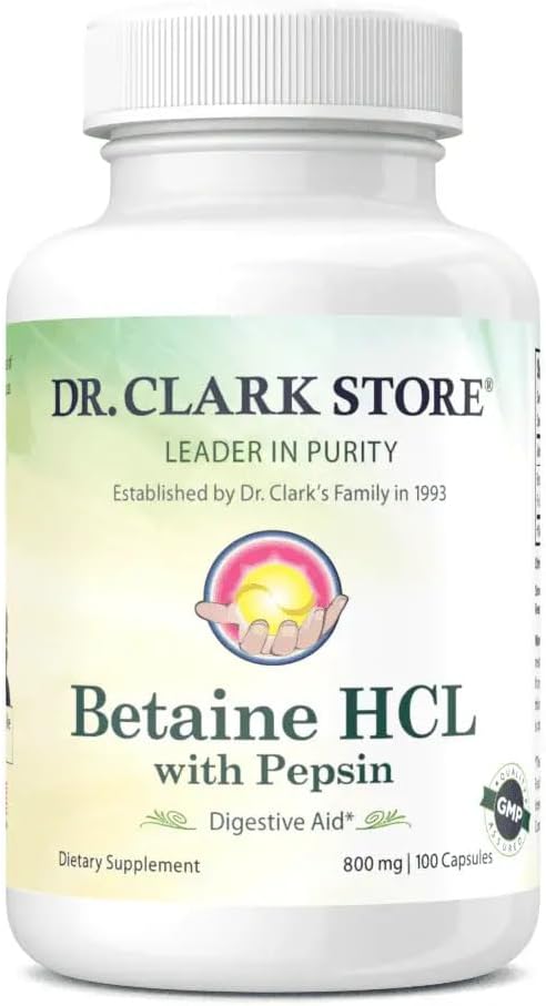 Dr. Clark Betaine HCL supplement med pepsin, 800 mg, 100 Gelatine kapsler