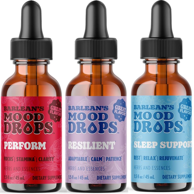 Barlean's Mood Booster Supplement Bundle, Perform, Resilient and Sleep Liquid Drop Supplements for Men and Women, Adaptogen Herbs Drops, 1.5 oz