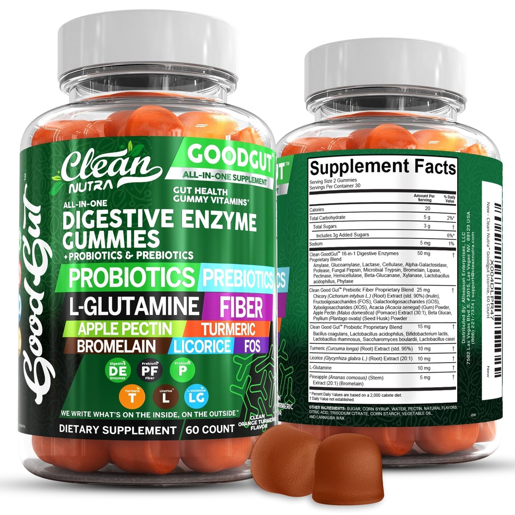 Rene Nutracatives fordøjelsesenzymer med Probiotika & Prebiotika til fordøjelsessygdomme Gummies & L- Glutamin til Gut Health Bromelain Apple Pectin Inulin FOS Plante baseret Vegansk Gummy Vitaminer