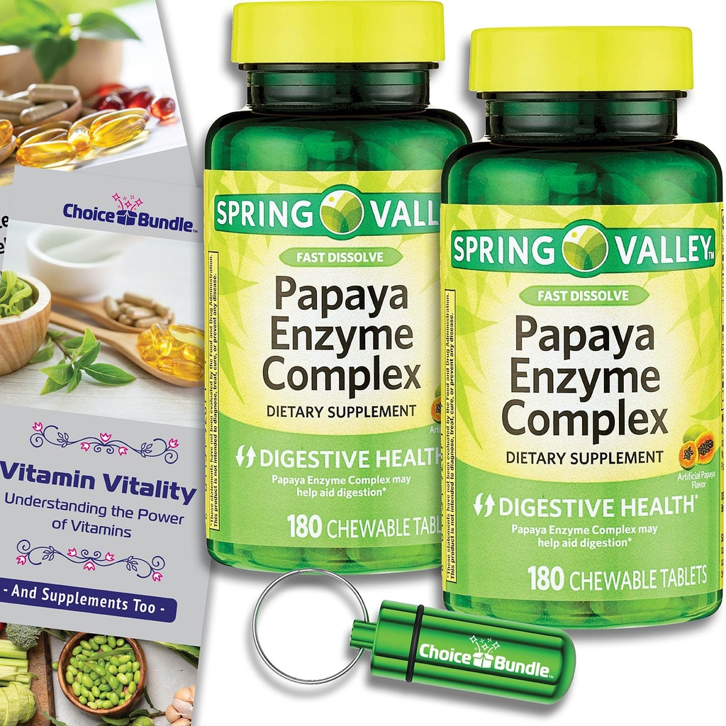 Choice Bundle Spring Valley Papaya Enzyme Complex Chewable Tablets Dietary Supplement 180 Ct 2 pk (360 Total) - Plus Vitamin Guide & Pill Container (4 Items)!