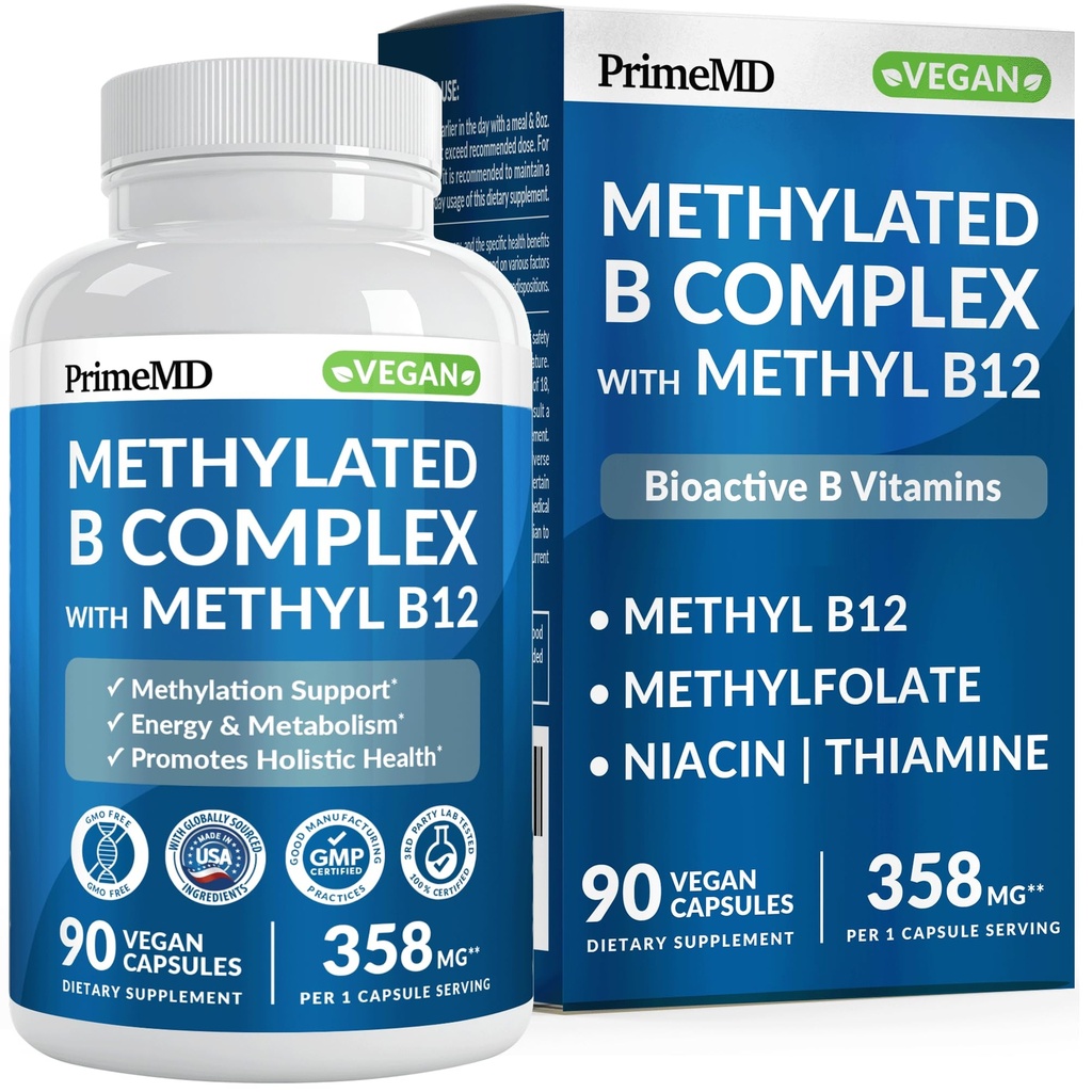 Metyleret B-kompleks med methylfolat og B12-methylcobalamin 1000 mcg - Methyleret Multivitamin til energi, hjernefunktion og wellness - vitamin B-kompleks til mænd og kvinder (90 Servering) (Pack of 1)