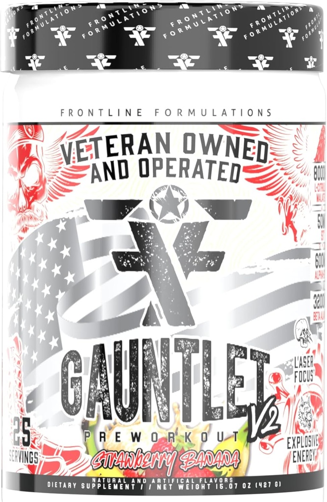Gauntlet Pre- Workout Powder, Eksplosive workouts, Laser Focus, Mid Stim, Amazing Flavor, Veteran Ejes og drives, Packaging May Vary (25 Servere, Jordbær Banana)