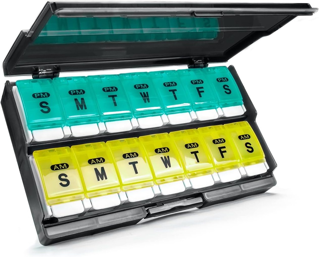 Ekstra store ugentlige pills Organizer 2 gange om dagen - Remtise Am / Pm Daily Pill Case Medicine Organizer, Trykknap 7 dag pill Box for piller / Vitamin / Cod Lever Oil / Kosttilskud (Cyan & Yellow)