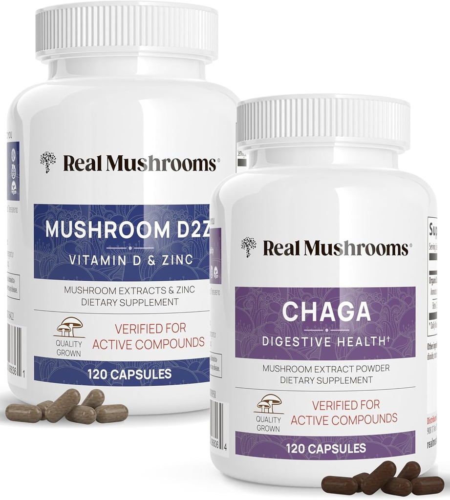 Rigtige svampe Vitamin D2, Zink (120ct) og Chaga (120ct) med Reishi Bundle - Naturlig støtte til immunstyrke og fordøjelsessygdomme - Vegan, Gluten Free, Non- GMO, Organic Mushroom Ekstrakter