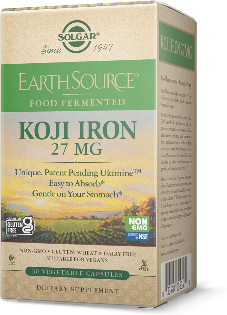 Solgar Earth Source Food Fermented Koji Iron 27mg, 30 Vegetabilske kapsler - Højere Absorption, Blow-Release Iron - Tunge på Maven - Non- GMO, Vegan, Gluten Free, Dairy Free, Kosher - 30 Serveringer