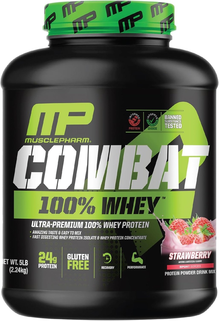MusclePharm Combat 100% Whey Protein Powder, Strawberry Cream Flavor, Hurtig Inddrivelse & Muscle Gain med Whey Protein Isolate, High Protein Powder for kvinder & mænd, Gluten Free, 5 LB, 70 Servering