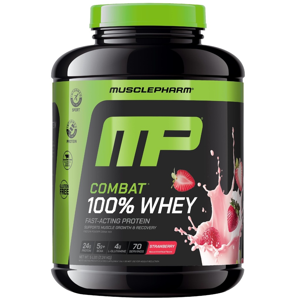 MusclePharm Combat 100% Whey Protein Powder, Strawberry Cream Flavor, Hurtig Inddrivelse & Muscle Gain med Whey Protein Isolate, High Protein Powder for kvinder & mænd, Gluten Free, 5 LB, 70 Servering