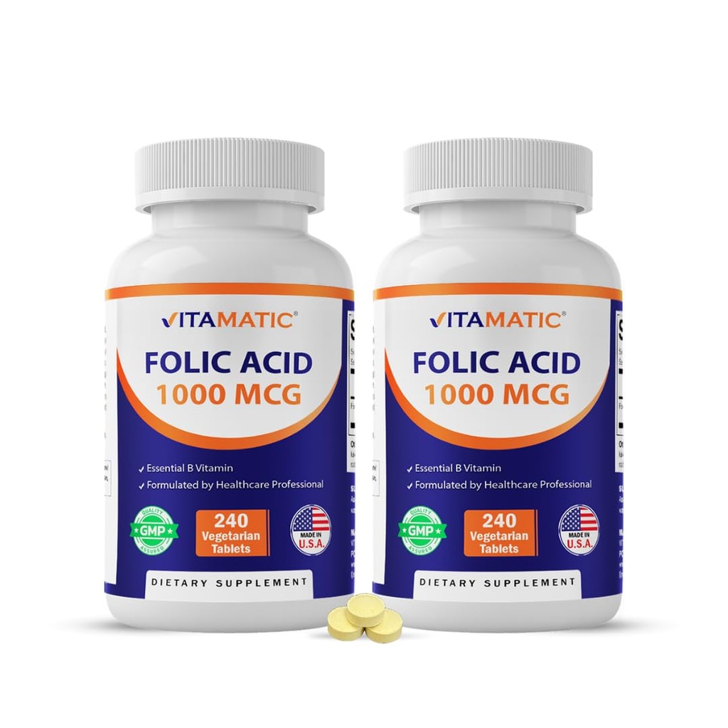 Vitamatisk folinsyre 1000 mcg (1 mg) - 240 Vegetariske tabletter (pakke med 2) 1667 mcg DFE - Vitamin B9 til Prenatal, Heart & Cellular Health