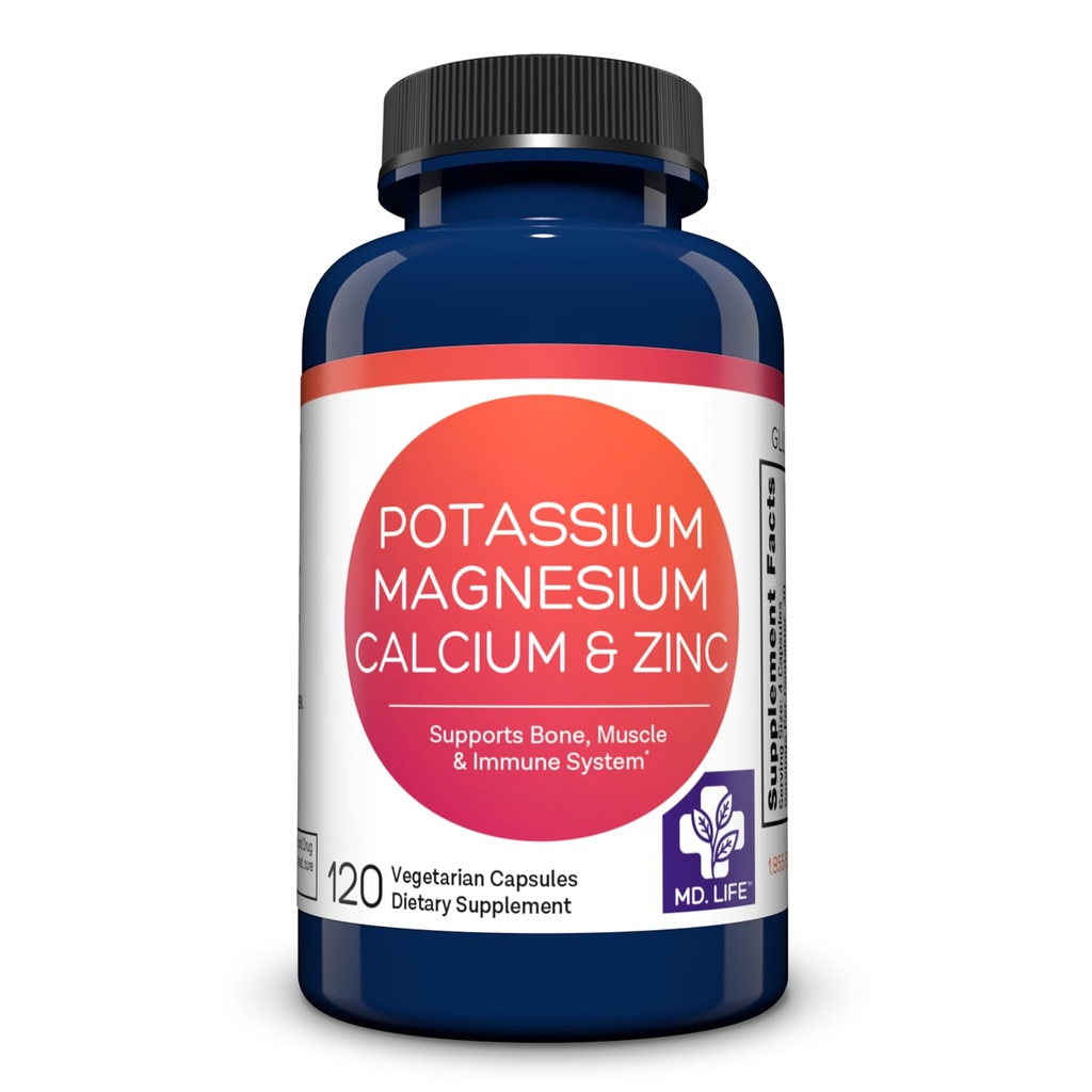 MD. Life Potassium Magnesium Zinc Calcium Supplement - 120 Capsules - Potassium Magnesium Zinc Supplement – Supports Bone Health & Muscle Health – Promotes Calcium Absorption and Immune Function