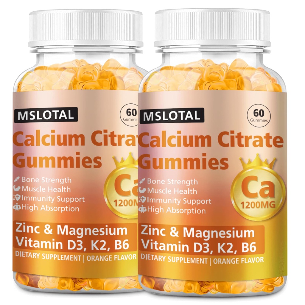 Calcium Citrate Gummies, Calcium 1200mg with Vitamin D3, B6, B12, Magnesium Zinc Calcium Supplements for Women and Men, Support Bone & Muscle Health, 120 Chews Orange Flavor