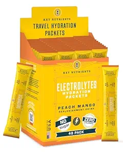 KEY NETRIENSER Multivitamin Electrolytes Powder Pakker - Tropical Peach Mango Post Workout og inddrivelse 40 Pack Hydration Pakker - Ingen sukker, ingen kalorier - Travel Hydration Powder