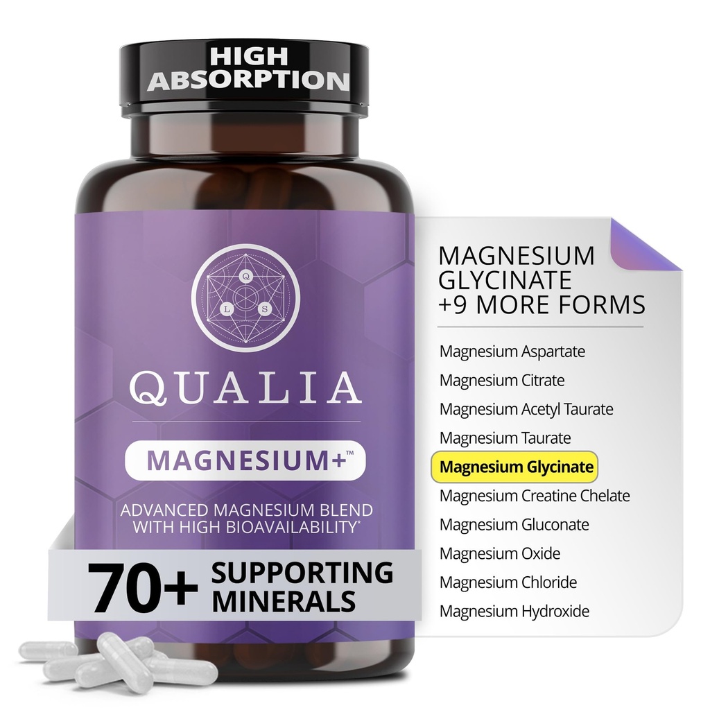 Qualia Magnesium- 124; Doctor- Formuleret. Premium Formel 124; Høj biotilgængelighed • 124; 10 former for Magnesium & 70 + mineraler • 124; Relaxed Mood, afslappende søvn, & Motion Recovery