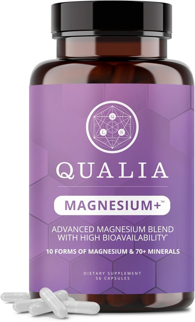 Qualia Magnesium- 124; Doctor- Formuleret. Premium Formel 124; Høj biotilgængelighed • 124; 10 former for Magnesium & 70 + mineraler • 124; Relaxed Mood, afslappende søvn, & Motion Recovery